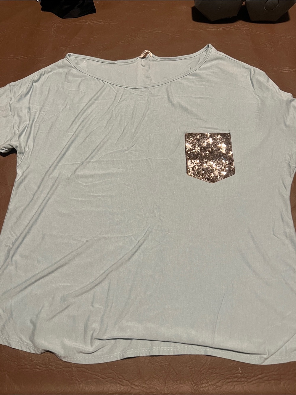 Light Blue Women's Scoop Neck Tee with Sequined Pocket